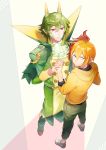  2boys aguruma_(yukisita03) blonde_hair brown_shoes cravat full_body green_hair hand_holding highres hood hood_down hoodie male_focus multiple_boys pants personification pocket pokemon red_eyes redhead scrafty serperior shoes standing 