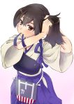  1girl adjusting_hair armor brown_eyes brown_hair hip_vent japanese_clothes kaga_(kantai_collection) kantai_collection looking_at_viewer mouth_hold mumi_(muminchu) muneate ribbon side_ponytail solo tasuki tying_hair wide_sleeves 