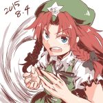  1girl beret blue_eyes braid chinese_clothes hat hong_meiling long_hair open_mouth raised_eyebrow redhead solo teeth the_maa touhou twin_braids white_background 