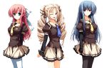  3girls akatsuki_no_goei blonde_hair blue_eyes blue_hair brown_eyes drill_hair hair_ornament hairclip kanzaki_moe kokudou_kyouka long_hair looking_at_viewer multiple_girls necktie nikaidou_aya one_eye_closed open_mouth pantyhose pink_hair pleated_skirt red_eyes school_uniform simple_background skirt smile tomose_shunsaku white_background 