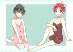  2boys barefoot crossdressinging full_body green_hair high_speed! kirishima_ikuya lingerie looking_at_viewer male_focus multiple_boys red_eyes redhead ribbon shiina_asahi short_hair shorts shota sitting tears thigh-highs uomaru violet_eyes 