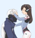  1boy 1girl age_difference bodysuit brown_hair child covered_mouth d.va_(overwatch) gloves grey_hair headband headphones jacket long_hair mask overwatch ribbed_bodysuit soldier:_76_(overwatch) twx62 visor whisker_markings 