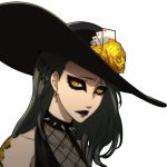 black_hair black_lipstick character_request earrings hat lipstick niijima_sae official_art persona persona_5 spiked_collar yellow_eyes 