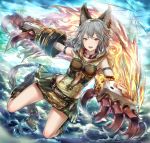  1girl animal_ears boots claw_(weapon) claws collar erun_(granblue_fantasy) fire granblue_fantasy grey_hair hair_between_eyes highres hourainingyou looking_at_viewer open_mouth red_eyes sen_(granblue_fantasy) silver_hair skirt smile solo weapon 