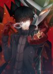  1boy 2015 amber_eyes coat domino_mask gloves kuromai kurusu_akira looking_at_viewer male_focus mask mask_removed persona persona_5 protagonist_(persona_5) red_gloves solo turtleneck 