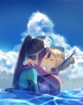  2girls ^_^ alternate_hairstyle asymmetrical_docking blonde_hair blue_hair breast_press closed_eyes clouds cloudy_sky day diving_mask_on_head diving_suit face-to-face hair_bun hug incipient_kiss long_ponytail love_live! love_live!_sunshine!! matsuura_kanan multiple_girls ocean ohara_mari outdoors partially_submerged ponytail sky smile u_u usamin_(artist) wet wet_clothes wetsuit yuri 