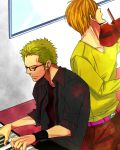  2boys belt bespectacled blonde_hair earrings glasses green_hair male_focus multiple_boys musical_instrument one_piece open_mouth piano roronoa_zoro sanji undone_necktie violin 