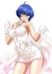  00s 1girl ahoge bare_shoulders blue_hair blush bow breasts cleavage dress eyepatch gloves green_eyes ikkitousen jewelry looking_at_viewer mole mole_under_mouth necklace ryomou_shimei short_hair simple_background smile solo strapless strapless_dress white_background white_bow white_gloves 