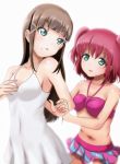  2girls aqua_eyes bangs bikini bikini_skirt blunt_bangs blush breasts brown_hair casual_one-piece_swimsuit kurosawa_dia kurosawa_ruby long_hair looking_back love_live! love_live!_sunshine!! mole mole_under_mouth multiple_girls one-piece_swimsuit redhead short_hair siblings sisters smile swimsuit tied_hair twintails two_side_up zielgigas 