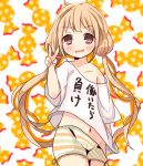  1girl blonde_hair blush candy child cowboy_shot futaba_anzu idolmaster idolmaster_cinderella_girls long_twintails looking_at_viewer navel open_mouth pants red_eyes shirt solo standing tied_hair twintails v 