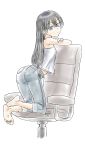  1girl arm_support ass bangs barefoot belt black_hair blue_eyes camisole chair denim feet female from_behind full_body jeans kneeling looking_back office_chair original soles solo souji_kurokawa toes white_background 