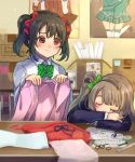  2girls bangs beniko08 black_hair blush bow bowtie box cardigan closed_eyes cloth collared_shirt commentary_request drawing eraser green_bow green_bowtie grey_hair hair_bow highres long_sleeves looking_at_another love_live! love_live!_school_idol_project minami_kotori multiple_girls pencil poster_(object) red_bow red_eyes ribbon ruler school_uniform shirt side_ponytail sleeping smile striped striped_bow striped_bowtie table tape_measure twintails white_shirt yazawa_nico 
