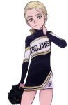  1girl blonde_hair blue_eyes cheerleader dress earrings flat_chest highres jewelry letterman_jacket long_hair original pom_poms ponytail season_(artist) smile solo whitney_kawinski 