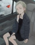  1girl black_dress blonde_hair blue_eyes car car_interior dress flat_chest ground_vehicle jacket jewelry karen_stewart motor_vehicle necklace original season_(artist) short_dress solo 