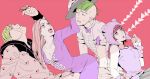  2boys 2girls animal_ears bear_ears bow bowtie breasts cleavage clenched_teeth closed_eyes facial_mark fake_animal_ears green_hair hair_ornament hairclip hat higashikata_daiya higashikata_hato higashikata_joubin higashikata_joushuu jojo_no_kimyou_na_bouken jojolion lipstick makeup moku_(mocm) multiple_boys multiple_girls pink_eyes pink_hair pink_lipstick siblings striped striped_legwear sweatdrop teeth thigh-highs 