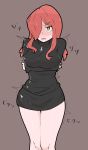  1girl bare_legs blush breasts bright_pupils cross cross_necklace female hair_over_one_eye impossible_shirt inverted_cross large_breasts long_hair open_mouth parasoul_(skullgirls) redhead simple_background skullgirls solo standing sweater thighs yellow_eyes 
