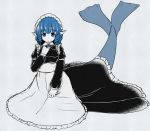  1girl alternate_costume apron black_dress blue_eyes blue_hair bow bowtie breasts dress drill_hair enmaided female full_body ganmaganmo head_fins juliet_sleeves long_sleeves maid maid_headdress mermaid monochrome monster_girl puffy_sleeves solo touhou underbust wakasagihime 