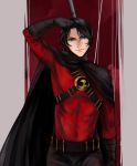  1boy abstract_background batman_(series) belt black_hair blue_eyes cape dc_comics gloves male_focus mask mask_removed red_robin solo staff tim_drake 