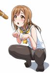  1girl bangs black_legwear blush bread brown_eyes brown_hair food kneeling kunikida_hanamaru long_hair love_live! love_live!_sunshine!! neckerchief no_pants no_shoes open_mouth out_of_frame panties panties_under_pantyhose pantyhose paw_pose school_uniform serafuku sexually_suggestive simple_background sleeveless solo_focus squatting underwear white_background yopparai_oni 