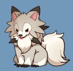  10s animal_ears artist_name blue_background blue_eyes blush chibi huiro lycanroc no_humans pokemon pokemon_(creature) pokemon_(game) pokemon_sm simple_background sitting solo tail tongue tongue_out wolf_ears wolf_tail 
