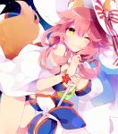  1girl animal_ears bad_id bad_pixiv_id breasts chon_(chon33v) cleavage fate/extra fate/grand_order fate_(series) fox_ears fox_tail hat heart highres large_breasts looking_at_viewer night night_sky one_eye_closed pink_hair signature sky solo tail tamamo_(fate)_(all) tamamo_no_mae_(swimsuit_lancer)_(fate) yellow_eyes 