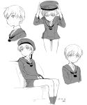  1girl :&lt; artist_name beret blush closed_mouth dated dress expressions eyebrows eyebrows_visible_through_hair frown greyscale hair_between_eyes hand_on_headwear hat hat_removed head_tilt headwear_removed kantai_collection kawashina_(momen_silicon) looking_at_viewer looking_away monochrome multiple_views no_hat no_headwear number sailor_dress sailor_hat short_hair sitting smile socks z1_leberecht_maass_(kantai_collection) 