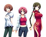  3girls akatsuki_no_goei anzu_(akatsuki_no_goei) arms_behind_back bike_shorts blue_eyes blush bob_cut breasts brown_hair china_dress chinese_clothes closed_eyes dress hair_bun jacket jewelry large_breasts looking_at_viewer multiple_girls necklace open_clothes open_mouth open_shirt pants pink_hair shirt short_hair side_slit simple_background smile tomose_shunsaku violet_eyes white_background 