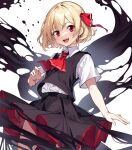 1girl absurdres ascot black_skirt black_vest blonde_hair blush collared_shirt darkness hair_ribbon highres looking_at_viewer open_mouth red_ascot red_eyes red_ribbon ribbon rumia shirt short_hair short_sleeves skirt smile solo touhou vest white_shirt yabu_q 