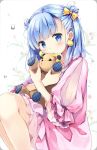  1girl bangs blue_eyes blue_hair blush bow character_request crossed_arms earrings eyebrows eyebrows_visible_through_hair floral_background frilled_sleeves frills hair_bow jewelry looking_at_viewer natsume_eri object_hug short_hair sitting solo stuffed_animal stuffed_toy teddy_bear 