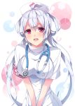  1girl bangs blush breasts female hat impossible_clothes large_breasts long_hair looking_at_viewer matoi_(pso2) milkpanda nurse nurse_cap open_mouth phantasy_star phantasy_star_online_2 red_eyes silver_hair simple_background smile solo stethoscope tied_hair twintails v_arms 
