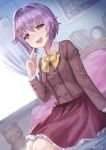  1girl artist_name bed_sheet blazer blurry book bow bowtie brown_eyes brown_jacket buttons curtains depth_of_field dutch_angle finger_to_face hair_ornament hairclip idolmaster idolmaster_cinderella_girls indoors jacket koshimizu_sachiko long_sleeves looking_at_viewer meto31 no_pupils painting_(object) picture_frame pillow pink_hair purple_skirt short_hair skirt solo stuffed_animal stuffed_toy teddy_bear window yellow_bow yellow_bowtie 