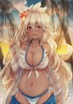  1girl ahoge bare_shoulders bikini blouse blurry breasts cleavage dark_skin depth_of_field evening flower front-tie_top granblue_fantasy hair_between_eyes hair_flower hair_ornament large_breasts long_hair looking_at_viewer midriff navel opanchu_(pixiv259683) open_blouse open_clothes open_mouth palm_leaf palm_tree red_eyes solo swimsuit the_order_grande tree white_bikini white_blouse white_hair 