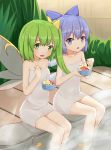  2girls blue_eyes blue_hair blush cirno daiyousei fairy_wings food green_eyes green_hair hair_ribbon highres ice ice_cream ice_wings looking_at_viewer lulumiya_(abbb1233) multiple_girls naked_towel open_mouth partially_submerged ribbon short_hair side_ponytail sitting spoon touhou towel water wings 