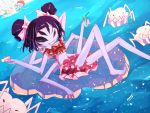  3girls alphys bikini black_eyes black_hair bow extra_arms extra_eyes fangs highres innertube insect_girl lying monster_girl muffet multiple_arms multiple_girls ocean on_back purple_skin ribbon shake_(nogard) short_hair smile swimsuit twintails undertale undyne water 