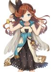  1girl :o bangs bare_arms black_bow blue_eyes bow bracelet cape collarbone cowboy_shot diamond_(shape) dress flat_chest granblue_fantasy hairband heijialan jewelry knees_together_feet_apart long_hair looking_at_viewer open_mouth orange_hair sara_(granblue_fantasy) sash simple_background solo swept_bangs white_background 
