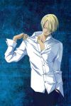  1boy blonde_hair bracelet collared_shirt hair_over_one_eye hand_in_pocket jewelry long_sleeves male_focus one_piece ring sanji solo white_shirt 