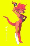  10r 1girl boots female monster_girl open_mouth red_skin redhead short_hair simple_background solo tail yellow_background 
