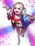  1girl batman_(series) belt blonde_hair blue_eyes boots breasts choker dc_comics dip-dyed_hair fishnet_pantyhose fishnets harley_quinn high_heel_boots high_heels jacket lipstick makeup multicolored_hair solo suicide_squad twintails weapon 