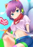 1girl absurdres ahri alternate_costume animal_ears arcade_ahri bra bracelet breasts cleavage fox_ears fox_tail headphones highres jewelry league_of_legends looking_at_viewer midriff mole mole_under_eye multiple_tails nail_polish nanabe navel purple_hair red_scarf scarf short_hair smile solo tail thigh-highs underwear violet_eyes 