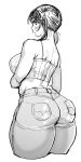  1girl ass bare_shoulders blush breasts curvy female highres looking_at_viewer looking_back medium_breasts monochrome pantylines short_hair simple_background sketch solo synecdoche thick_thighs thighs tied_hair twintails white_background 