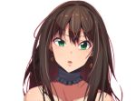 1girl bare_shoulders brown_hair detached_collar earrings erere green_eyes idolmaster idolmaster_cinderella_girls jewelry long_hair looking_at_viewer open_mouth shibuya_rin simple_background solo white_background 