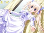  1girl :d ahoge blonde_hair blue_eyes blue_ribbon blush clover_(series) clover_heart&#039;s clover_hearts company_name cross-laced_clothes curtains dress dress_grab dutch_angle embarrassed hair_ribbon logo long_hair long_sleeves looking_at_viewer mikoshiba_rio nimura_yuuji official_art open_mouth outstretched_hand pov puffy_long_sleeves puffy_sleeves purple_ribbon ribbon saiga_(company) shadow sidelocks smile solo tied_hair twintails very_long_hair white_dress 