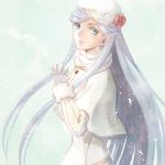  1girl blue_eyes from_side gloves hands_together hat interlocked_fingers log_ho log_horizon long_hair looking_at_viewer moguraana red_flower reinesia_el_arte_cowen scarf silver_hair solo white_gloves white_hat white_scarf 