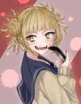  1girl bangs blonde_hair blood blood_on_face bloody_weapon blunt_bangs blush boku_no_hero_academia cardigan double_bun fangs knife looking_back nomaru open_mouth school_uniform serafuku smile solo toga_himiko upper_body weapon yellow_eyes 