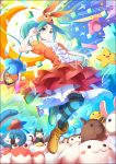  :3 aqua_eyes aqua_hair bangs bird blush blush_stickers boots cat commentary_request crab crane_game crescent_moon_symbol dress duck frilled_dress frills hand_up hat kei-suwabe looking_at_viewer monkey monogatari_(series) nisemonogatari ononoki_yotsugi open_mouth orange_dress parted_bangs puffy_short_sleeves puffy_sleeves rabbit short_sleeves snake star striped striped_legwear stuffed_animal stuffed_toy thigh-highs twintails v 