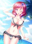  1girl 309042 bikini dutch_angle flower frilled_bikini frills hair_flower hair_ornament highres horizon love_live! love_live!_school_idol_project nishikino_maki one_eye_closed open_mouth palm_tree redhead short_hair standing swimsuit tree violet_eyes water white_bikini 