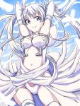  1girl breasts bridal_gauntlets dress falling_feathers flower gloves grey_eyes groin hair_flower hair_ornament long_hair looking_at_viewer mitou_shoukan://blood_sign navel shiroki_jo&#039;ou silver_hair smile solo thigh-highs tied_hair twintails white_gloves yakutashi 