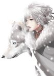  1girl absurdres animal animal_ears bangs blue_eyes cape eyelashes fangs fur_cape grey_cape grey_hair hair_tubes highres jewelry kalua_(artist) necklace nose original pink_lips short_hair simple_background snowing solo teeth upper_body white_background wolf wolf_ears 
