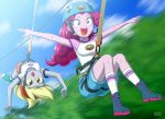    2girls blonde_hair blue_eyes derpy_hooves helmet multiple_girls my_little_pony my_little_pony_equestria_girls my_little_pony_friendship_is_magic personification pink_hair pinkie_pie tagme uotapo yellow_eyes zip_line 