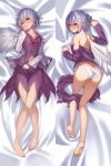  1girl ass bare_legs barefoot bed_sheet blush breasts brooch butt_crack cleavage collarbone covering_mouth dakimakura feathered_wings from_above full_body half_updo highres ibuki_notsu jacket jewelry kishin_sagume long_sleeves looking_at_viewer lying miniskirt multiple_views navel nose_blush off_shoulder on_back open_clothes open_jacket panties purple_shirt purple_skirt red_eyes shirt silver_hair single_wing skirt touhou underwear undressing white_panties wings 
